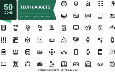 Set of Tech Gadgets minimal outline icons. related to Device, Appliances, Camera and more. Linear icon collection. Editable stroke. Vector illustration.