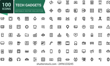 Set of Tech Gadgets minimal outline icons. related to Device, Appliances, Camera and more. Linear icon collection. Editable stroke. Vector illustration.