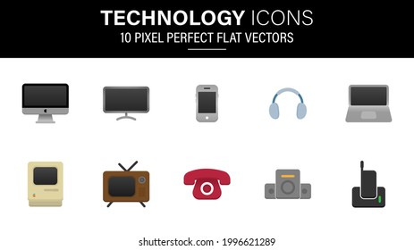 Conjunto de iconos tecnológicos, vectores planos de 10 píxeles perfectos