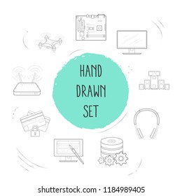 Set of tech icons line style symbols with headphone, monitor, mother board and other icons for your web mobile app logo design.