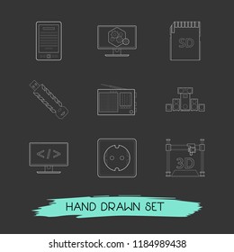Set of tech icons line style symbols with computer widget, flash drive, sound system and other icons for your web mobile app logo design.