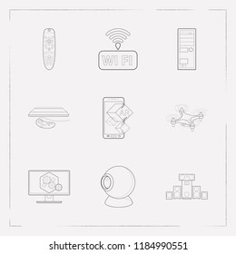 Set of tech icons line style symbols with sound system, system unit, drone and other icons for your web mobile app logo design.