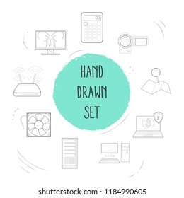 Set of tech icons line style symbols with geolocation service, modem, software bug and other icons for your web mobile app logo design.