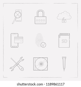 Set of tech icons line style symbols with cloud storage lock, sd card, dvd and other icons for your web mobile app logo design.