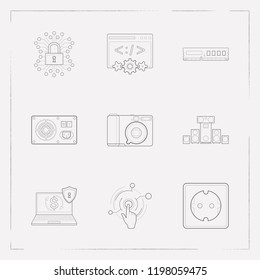 Set of tech icons line style symbols with sound system, secure transaction, web development and other icons for your web mobile app logo design.