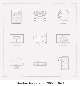 Set Of Tech Icons Line Style Symbols With Computer Widget, Real Time Location, Www Address And Other Icons For Your Web Mobile App Logo Design.