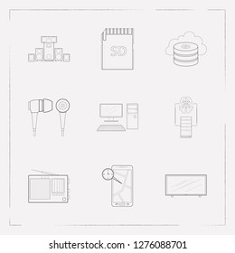 Set of tech icons line style symbols with earphone, radio, computer and other icons for your web mobile app logo design.