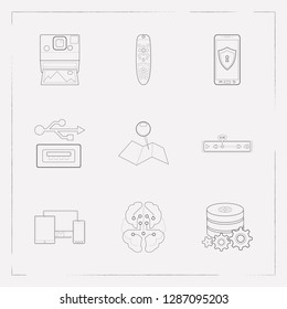 Set of tech icons line style symbols with responsive design, usb ports, artificial intelligence and other icons for your web mobile app logo design.