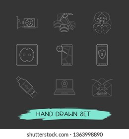 Set of tech icons line style symbols with mobile security, power socket, video chat and other icons for your web mobile app logo design.