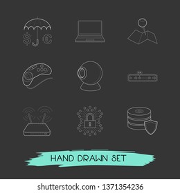Set of tech icons line style symbols with video control, web cam, cyber security and other icons for your web mobile app logo design.