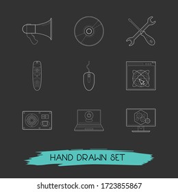 Set of tech icons line style symbols with power supply, technical support, video chat and other icons for your web mobile app logo design.