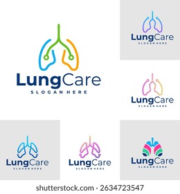 Conjunto de Vector de concepto de diseño de logotipo Tech Lung. Plantilla de diseño de logotipo de cuidado pulmonar. Símbolo creativo. Icono