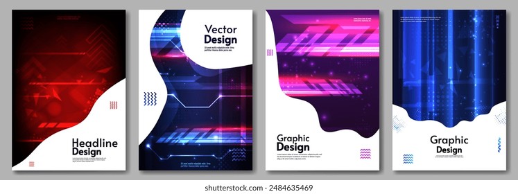 Set von Technikplakaten. Neonlinien. Vektorillustration. Futuristisches Design für Cover, Poster, Flyer.