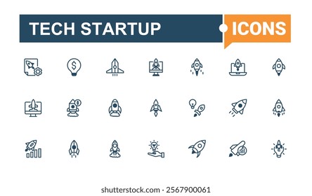 Set of Tech Startup line icons. Icons rocket, element, entrepreneur, startup, up, marketing and more. Simple line vector. Outline and solid pictogram.