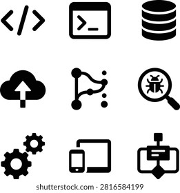 Set of technical black icons representing programming, databases, cloud storage, and system optimization.