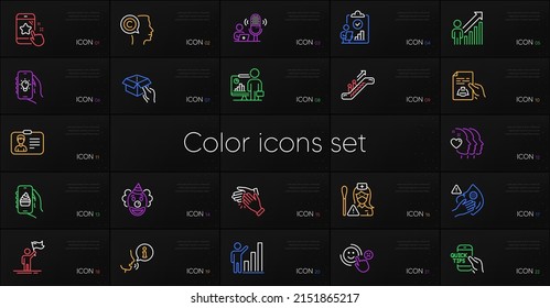 Set of Technical documentation, Education and Customer satisfaction line icons. Include Graph chart, Leadership, Escalator icons. Dirty mask, Identification card, Writer web elements. Vector