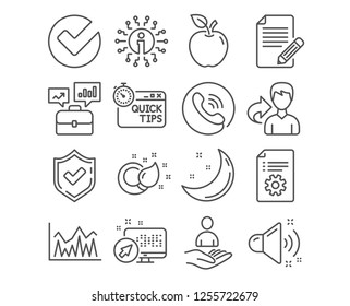 Set of Technical documentation, Investment and Quick tips icons. Paint brush, Article and Loud sound signs. Business portfolio, Verify and Recruitment symbols. Vector