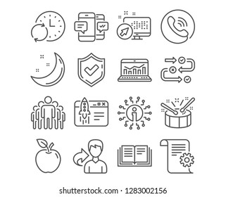 Set of Technical documentation, Update time and Group icons. Start business, Smartphone sms and Survey progress signs. Web analytics, Drums and Education symbols. Manual, Refresh clock, Managers