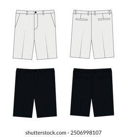 Set Technical drawing of men's knee-length suit shorts, vector. Vector illustration of classic straight shorts with pockets front and back view. Sketch of summer shorts in white and black color.