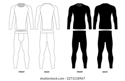 Set of technical drawings of men's rash guard and sweatpants, vector. Superman costume drawing. Long sleeve and leggings sketch for men, front and back view. Vector template of men's underwear.