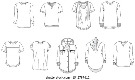 Set of technical drawings of men's shirts.