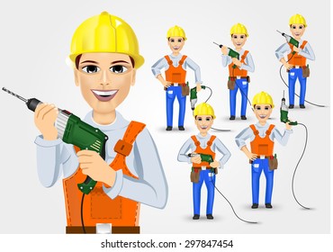 set of technical, electrician or mechanic holding electric drill isolated over white background