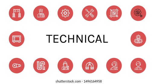 Set of technical icons such as Pulley, Customs, Gear, Technical Support, Tool, Setting, Piping, Architect, Pipe, Assistant, Microwave, Settings , technical