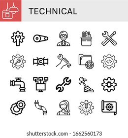 Conjunto de iconos técnicos. Como apagar, engranaje, polea, técnico, herramientas, tubería, llave, configuración, red local, rueda de coñac, asistente, plan , iconos técnicos