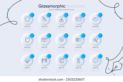 Set of Technical info, Chemistry pipette and Antistatic line icons for web app. Idea, Seo targeting, Face biometrics icons. Recovery gear, Cloud upload, Puzzle signs. Copyrighter. Vector