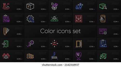 Set of Technical info, Entrance and Cardboard box line icons. Include Search package, Builders union, Inspect icons. Lighthouse, Warning message, Open door web elements. Palette, Brush, Door. Vector