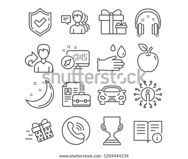 Set\
of Technical info, Vacancy and Headphones icons. Award cup, Present\
delivery and People signs. Rubber gloves, Car and Surprise package\
symbols. Documentation, Hiring job, Earphones.\
Vector