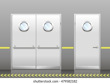 A Set Of Technical Laboratory Door, Hospitals, Schools, Food Production Or Storage Facilities With Round Windows. A Double And A Single Door In Vector Graphics. Doors Dark Gray Color On The Wall