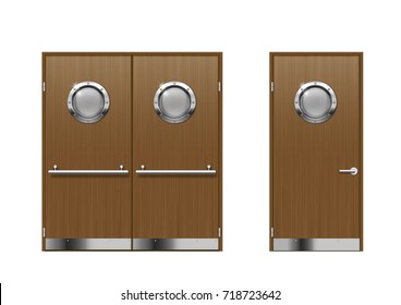 A set of technical laboratory door, hospitals, schools, food production or storage facilities with round windows. A double and a single door in vector graphics.