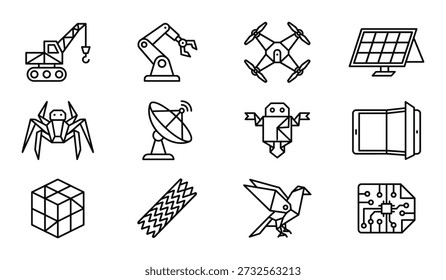 Set of technical outline icons representing automation aerospace energy and electronic component development