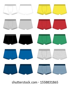 Set of technical sketch boxer shorts. Underpants isolated on white background. Man underwear. White, gray, black, blue, yellow, red, green, melange and stripes fabric. Vector illustration