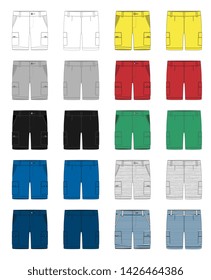 Set of technical sketch cargo shorts pants design template. Cargo Pants. White, gray, black, blue, yellow, red, green colors. Melange and stripes fabric. Fashion vector illustration on grey background