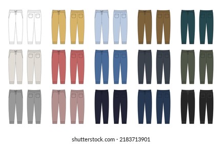 Conjunto de boceto técnico de pantalones casuales con bolsillos. Colección de plantillas de diseño de pantalones de KIds. Pantalones deportivos machos CAD. Vista frontal y posterior. Ilustración del vector