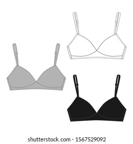 Set of technical sketch girls bra. Female white brassiere. Women casual underclothing isolated on white background. Vector illustration