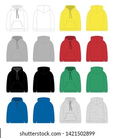 Set of technical sketch for men hoodie. Template hoody. Front and back view. Technical drawing kids clothes. White, gray, black, blue, yellow, red, green colors. Melange and stripes fabric.