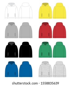 Set of technical sketch for men hoodie. Front and back view. Technical drawing kids clothes. White, gray, black, blue, yellow, red, green colors melange and stripes fabric. Vector illustration