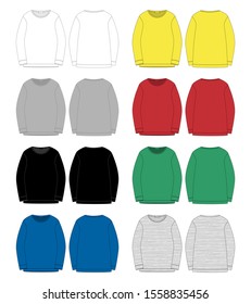 Set of technical sketch for men sweatshirt. Front and back view. Technical drawing kids clothes. White, gray, black, blue, yellow, red, green colors melange and stripes fabric. Vector illustration