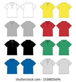 Set of technical sketch polo t shirt design template. Front and back view.  White, gray, black, blue, yellow, red, green colors and melange fabric. Vector illustration