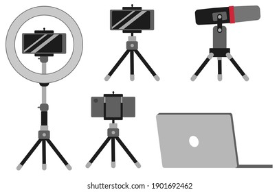 a set of technical solutions for a blogger. Telephone, microphone, laptop, round light. Vector flat set.
