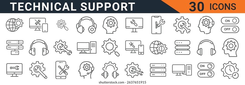 A set of technical support icons depicting computer repair, it support, and maintenance services. Includes icons for phone support, remote access, and system repair. Ideal for websites and apps. 200