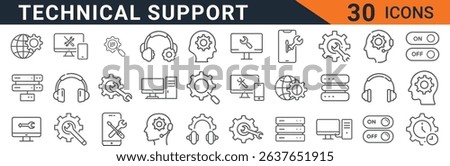 A set of technical support icons depicting computer repair, it support, and maintenance services. Includes icons for phone support, remote access, and system repair. Ideal for websites and apps. 200