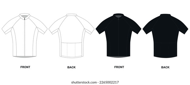 Conjunto de dibujos vectoriales técnicos de jersey ciclista en colores blanco y negro.
Vista frontal y trasera de jersey de bicicleta, vector. Plantilla de sudadera con cremallera de manga corta para el ciclismo.