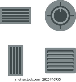 Set of technical vent grilles and dial interface icons. Dark grey technical icons depicting various air ventilation grilles and a circular control dial on a neutral background. Ideal for engineering and user interface design projects.
