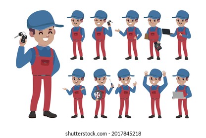 Set of technician with different poses