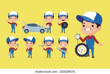 Set of technician with different poses