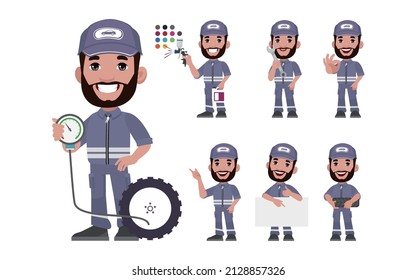 Set of technician with different poses